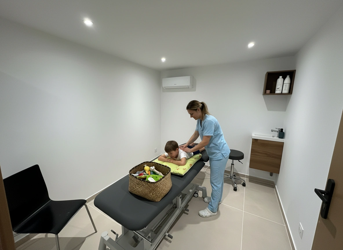Kinésithérapeute traitant un enfant avec douceur au cabinet PhysioZone Marseille